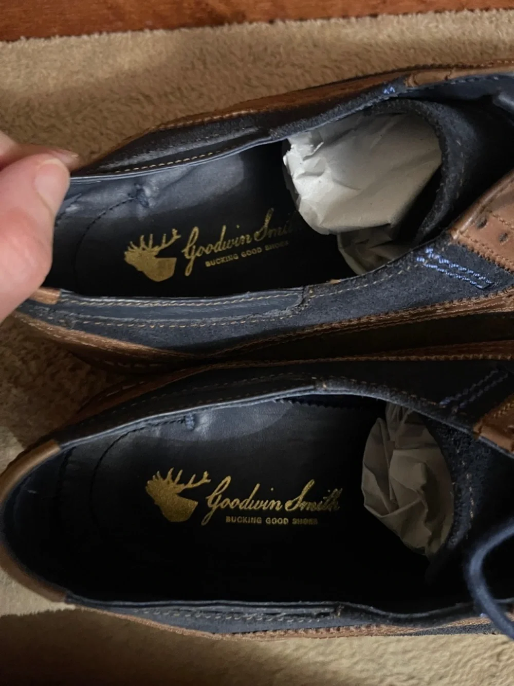 NWOT Goodwin Smith Hand Made Two-Tone Navy and Brown Wingtip Derby Leather Shoe